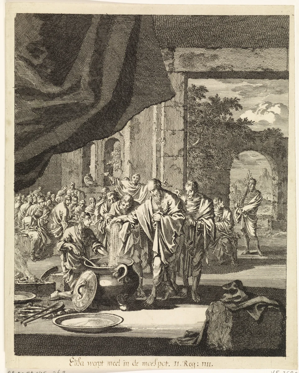 Elisa werpt meel in de kookpot te Gilgal by Jan Luyken, print, 1708