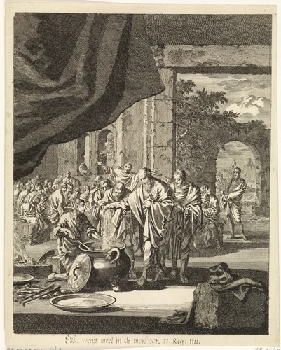 Elisa werpt meel in de kookpot te Gilgal by Jan Luyken, print, 1708