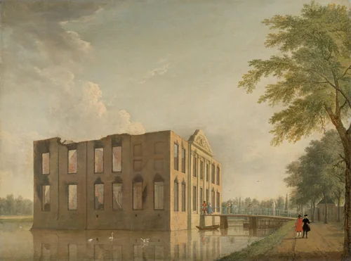 Berckenrode Castle in Heemstede after the Fire by Jan ten Compe, painting, 1747