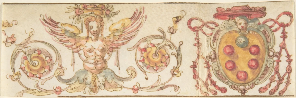 Design with Medici Coat of Arms and Harpy (Embroidery Design?) by anonymous, drawing, 1500-1599