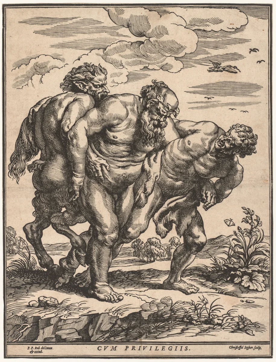 Silenus Accompanied by a Satyr and a Faun by Christoffel Jegher, print, 1625-1635