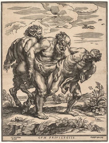 Silenus Accompanied by a Satyr and a Faun by Christoffel Jegher, print, 1625-1635