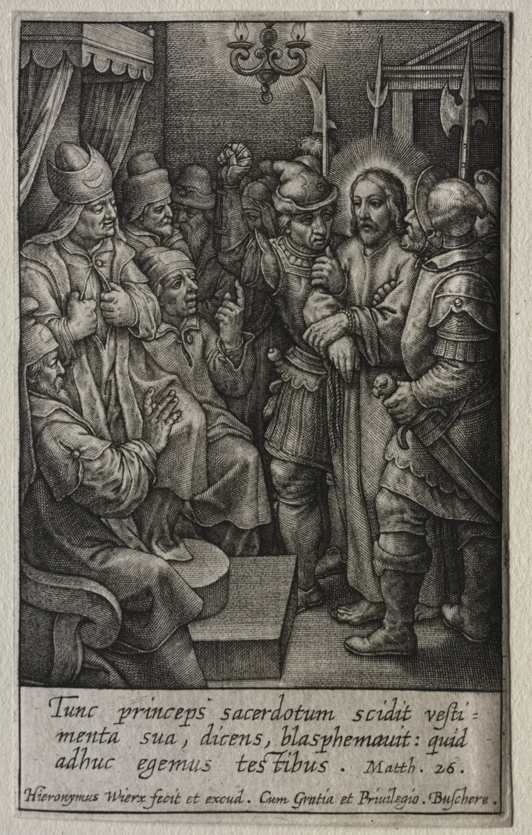 The Passion: Christ before Caiaphas by Hieronymus Wierix, print, 1614-1624