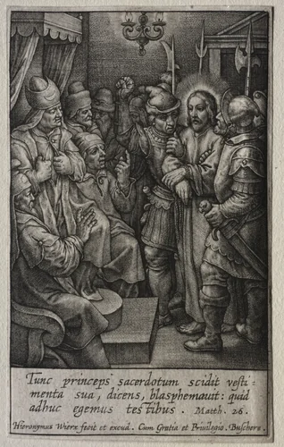 The Passion: Christ before Caiaphas by Hieronymus Wierix, print, 1614-1624