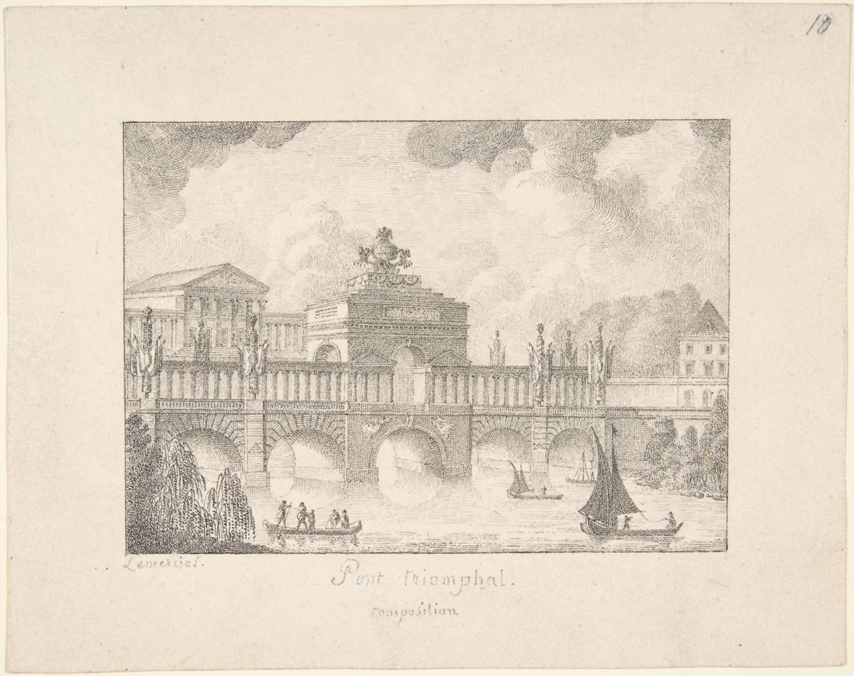 Design for a Triumphal Bridge by Joseph Lemercier, drawing, 1800-1900