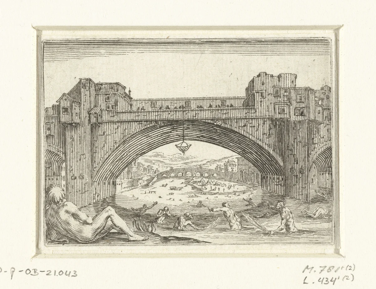 Ponte Vecchio te Florence by Jacques Callot, print, 1621