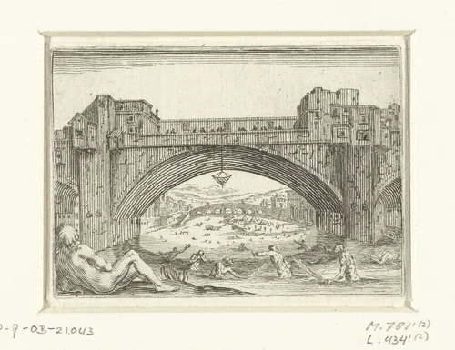 Ponte Vecchio te Florence by Jacques Callot, print, 1621