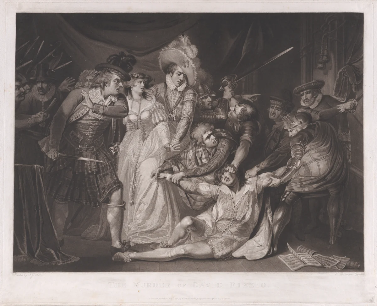 The Murder of David Rizzio (Mary, Queen of Scots witnessing the murder of David Rizzio) by William Dickinson, print, 1791