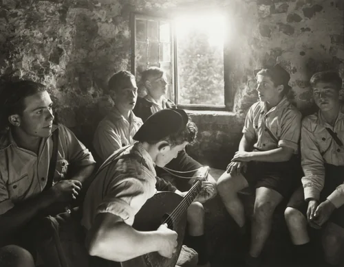 Catholic Wandervögel Hikers in the Old Mill at Zons by August Sander, photograph, 1928
