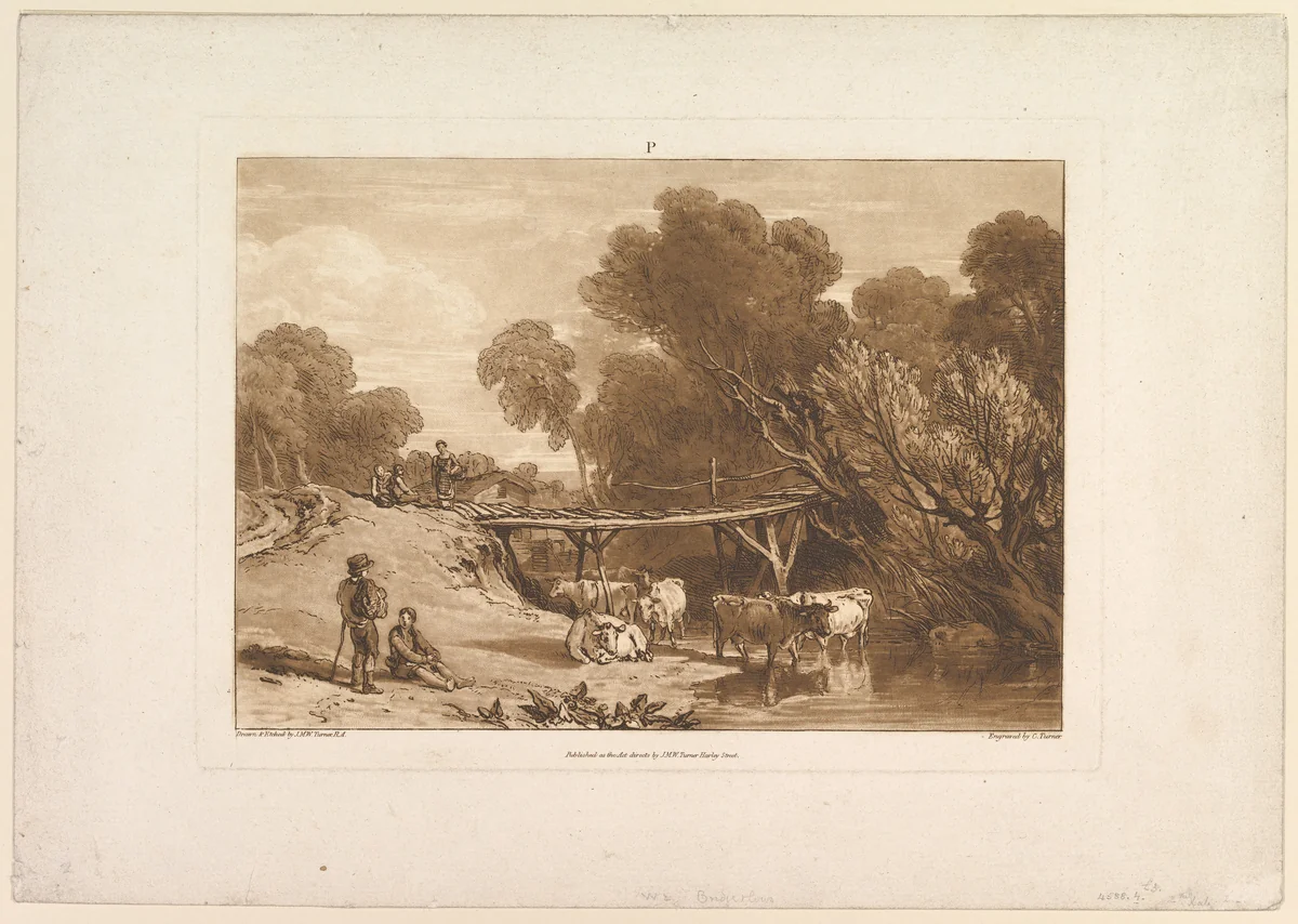 Bridge and Cows, part I, plate 2 from "Liber Studiorum" by Joseph Turner, print, 1807