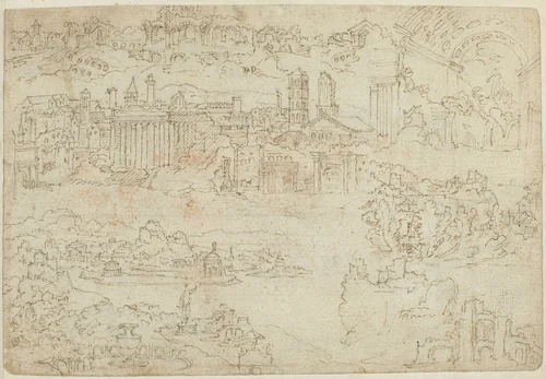 Ruïnes en fantasielandschap by anonymous, drawing, 1550-1570