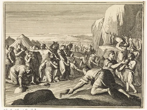 Mozes slaat water uit de rots by Caspar Luyken, print, 1712