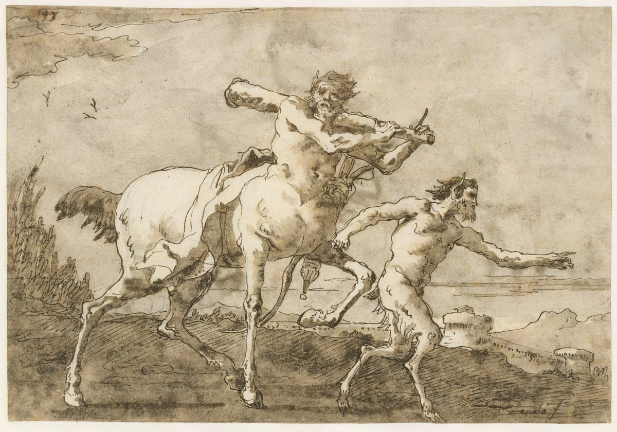 Satyr Leading a Centaur, Who Carries a Club, Bow and Quiver, Outside the Walls of a City by Giovanni Domenico Tiepolo, drawing, 1768-1794