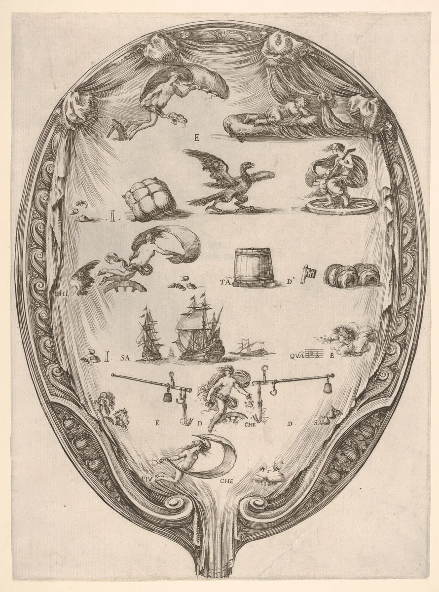 Rébus on the subject of fortune, a riddle depicted on drapery surrounded by a frame by Stefano della Bella, print, 1637-1642