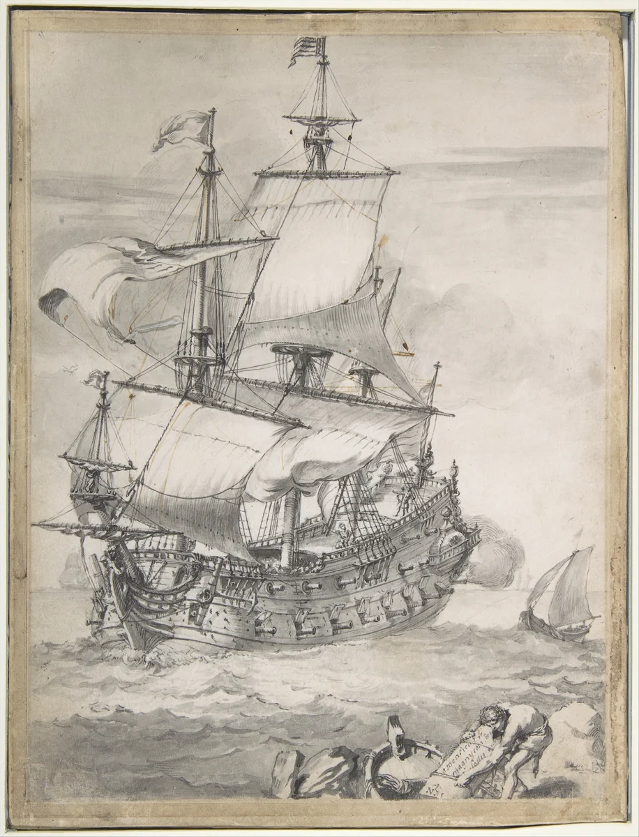 A Frigate at Sea by Pierre Puget, drawing, 1630-1694
