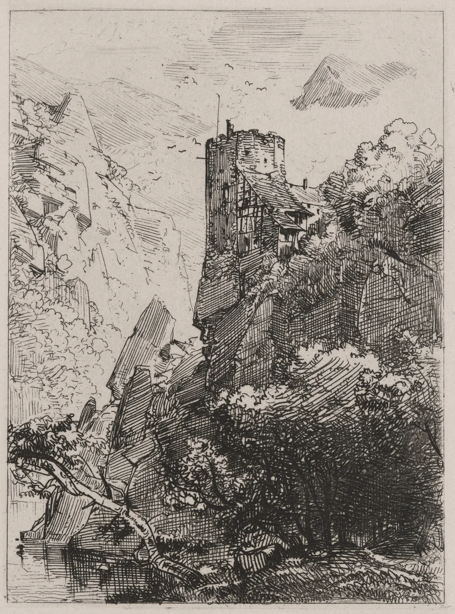 Watchtower on a Cliff with a Stream by Caspar Johann Nepomuk Scheuren, print, 1842