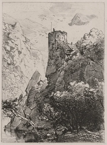 Watchtower on a Cliff with a Stream by Caspar Johann Nepomuk Scheuren, print, 1842