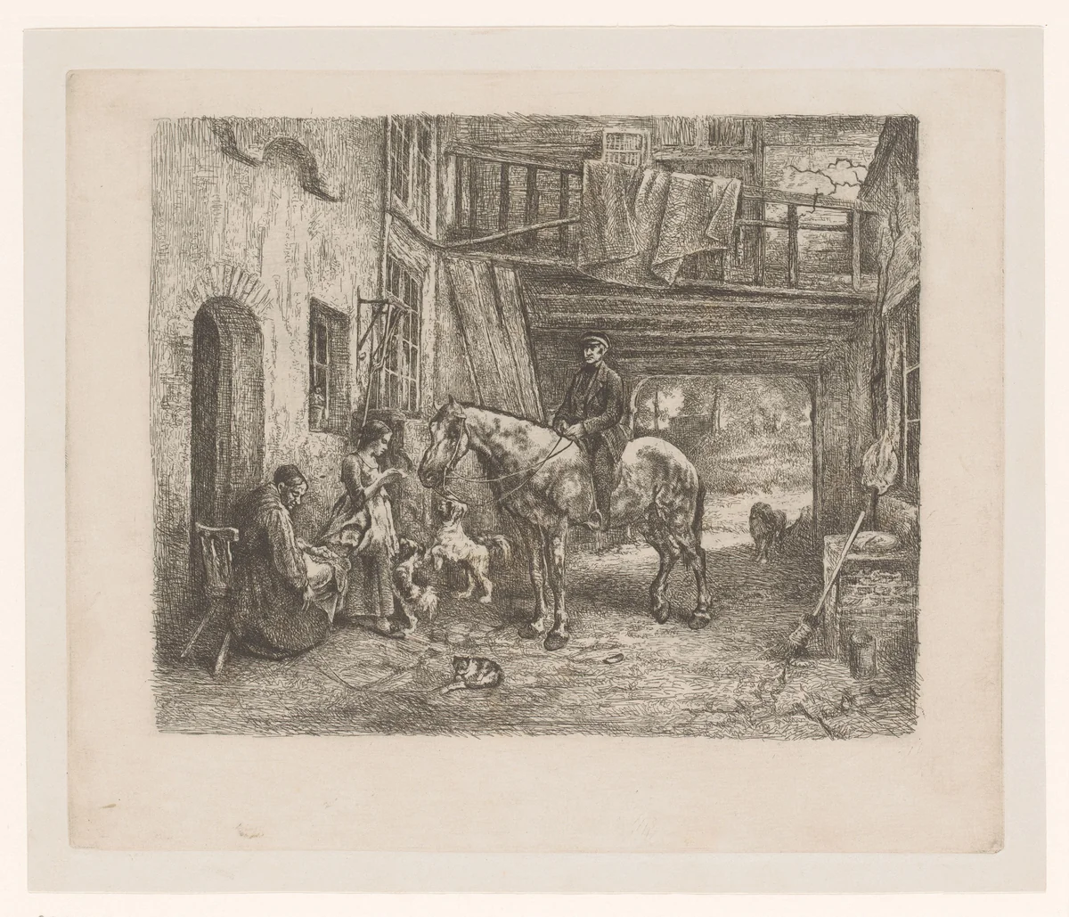 Binnenplaats met man te paard die een brief bezorgt aan een jonge vrouw by Jan Stobbaerts, print, 1848-1879