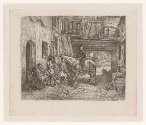 Binnenplaats met man te paard die een brief bezorgt aan een jonge vrouw by Jan Stobbaerts, print, 1848-1879