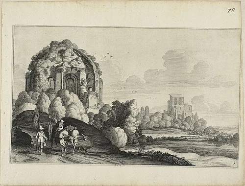 Travellers in Front of the Minerva Medica Temple in Rome by Jan van de Velde II, print, 1646