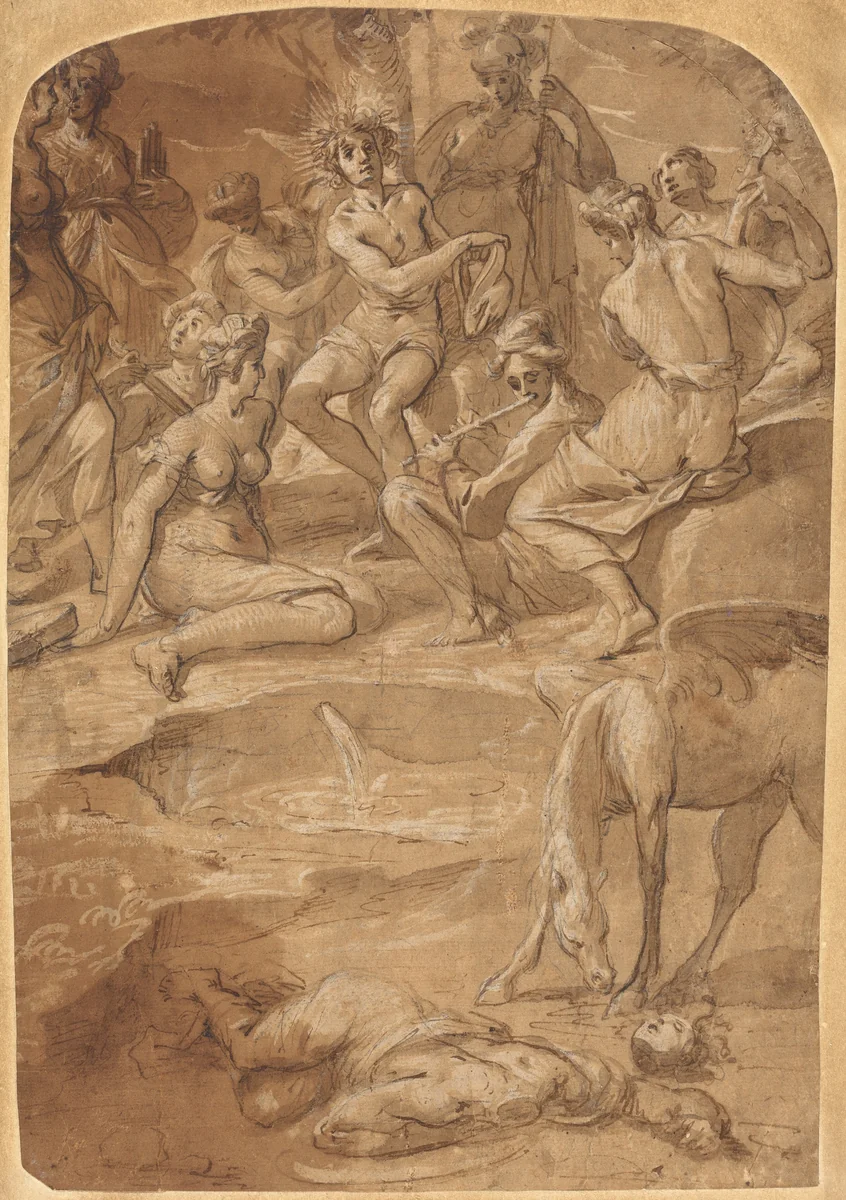 Apollo and the Muses on Mount Parnassus by Johann Christoph Storer, drawing, 1635-1645