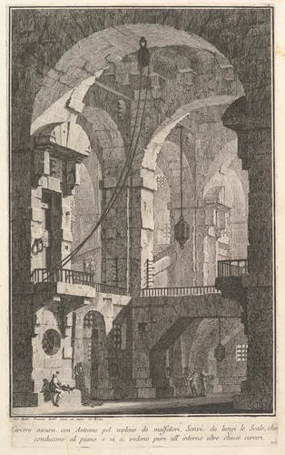 Dark prison with a courtyard for the punishment of criminals... (Carcere oscura con Antenna pel suplizio dè malfatori...), from "Prima Parte di Architettura, e Prospettive" by Giovanni Battista Piranesi, print, 1745-1755