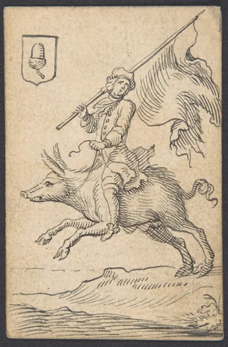 Acorn Knave: A Man Astride a Swine by Johannes Brandenberg, drawing, 1712-1730