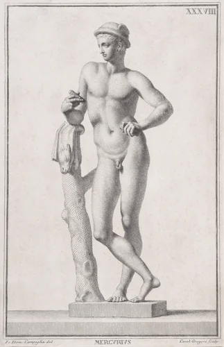 Plate XXXVIII (38): Mercury, from "Museum Florentinum" (Statuae antiquae dorum et virorum illustrium) by Carlo Gregori, print, 1734