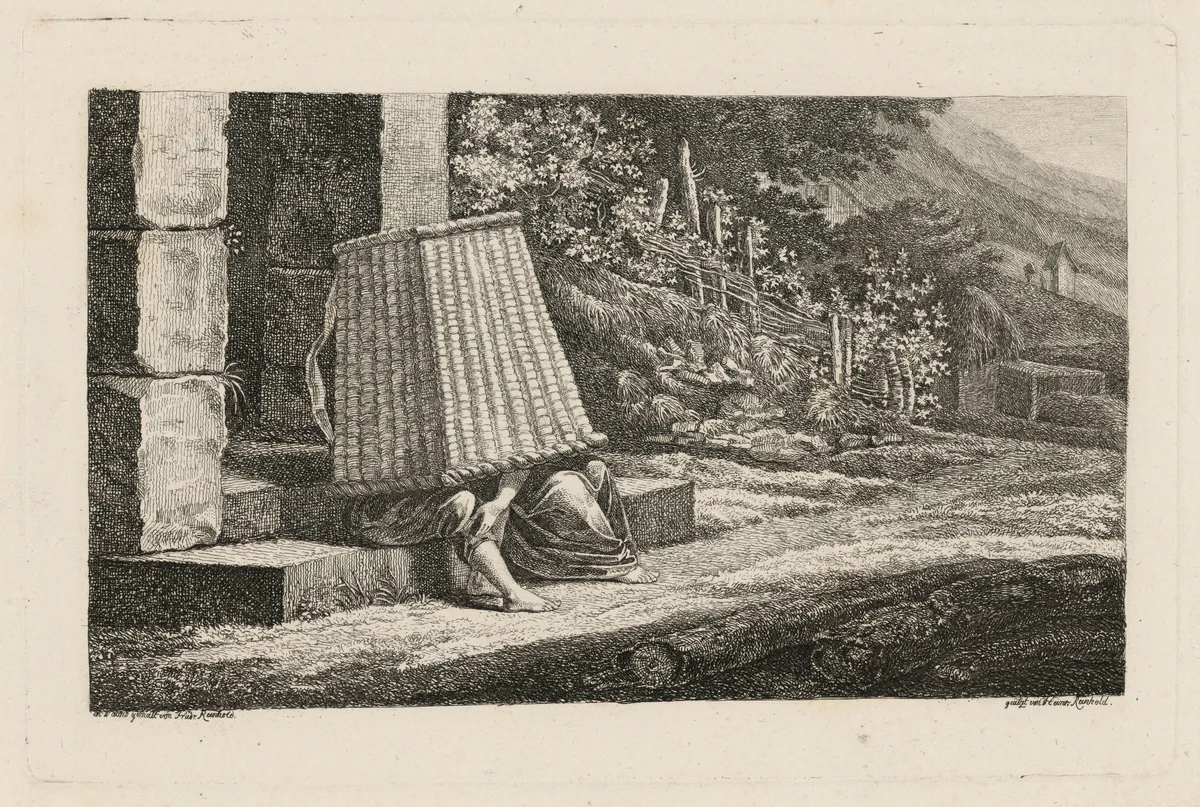 A Young Couple under a Large Wicker Basket by Heinrich Carl Reinhold; Friedrich Philipp Reinhold, print, 1810-1820