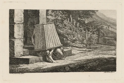 A Young Couple under a Large Wicker Basket by Heinrich Carl Reinhold; Friedrich Philipp Reinhold, print, 1810-1820