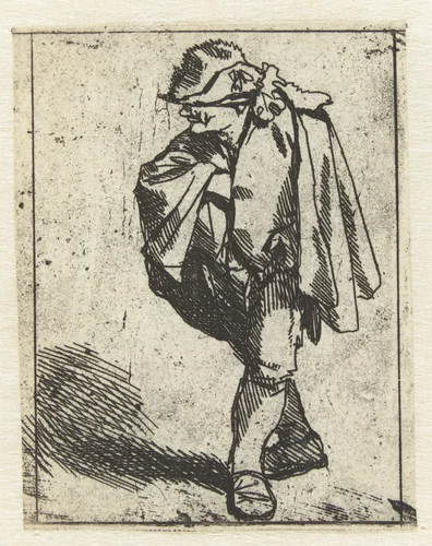 Staande man met de rechterhand op de borst in zijn mantel gestoken by Cornelis Pietersz. Bega, print, 1642-1664