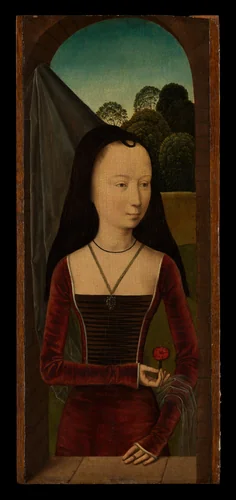 Young Woman with a Pink by Hans Memling, painting, 1485-1490