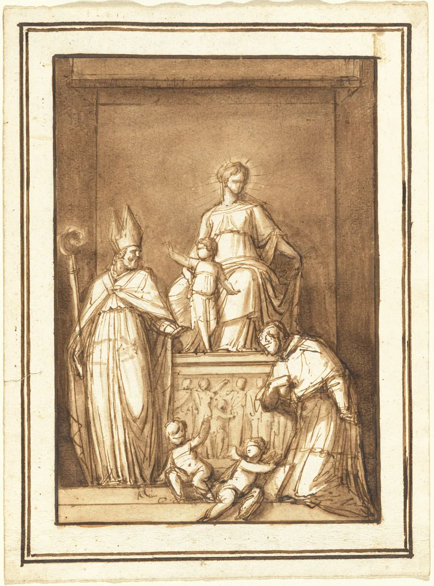 The Madonna and Child Enthroned with a Bishop Saint and a Kneeling Ecclesiastic by Luigi Brenta, drawing, 1820-1830