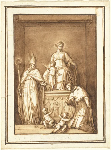 The Madonna and Child Enthroned with a Bishop Saint and a Kneeling Ecclesiastic by Luigi Brenta, drawing, 1820-1830