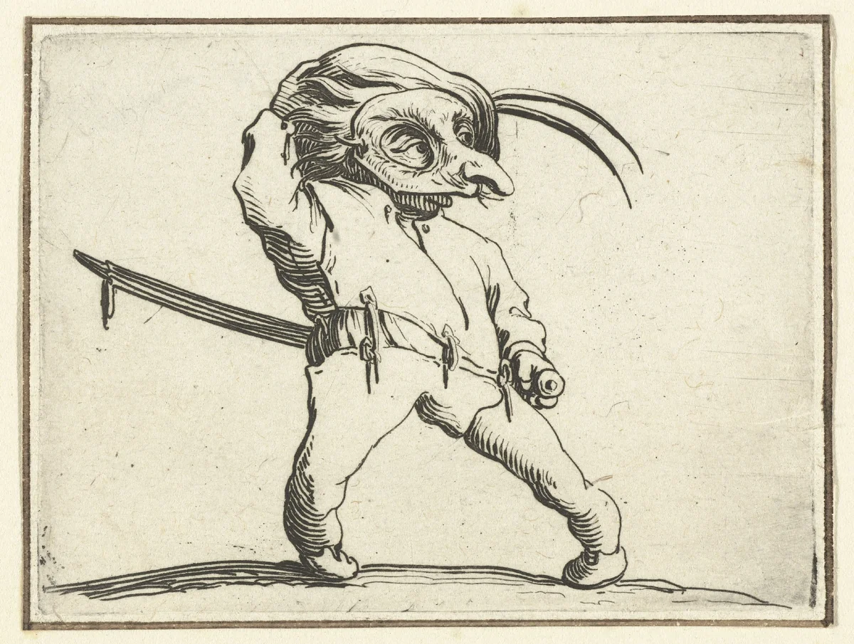 Kleine mens (karikatuur) met zwaard en masker by Jacques Callot, print, 1621-1625