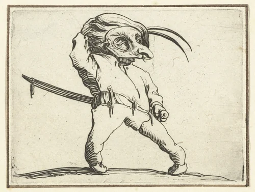 Kleine mens (karikatuur) met zwaard en masker by Jacques Callot, print, 1621-1625