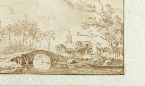 Landschap met een wagen die een stenen brug nadert by Allaert van Everdingen, drawing, 1631-1675