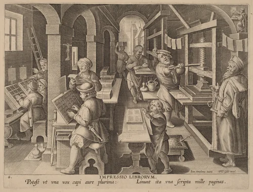 Impressio Liborum (Printing Books) by Philip Galle, print, 1585-1595