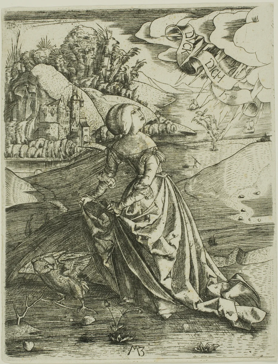 The Woman with an Owl by Master M.Z., print, 1500