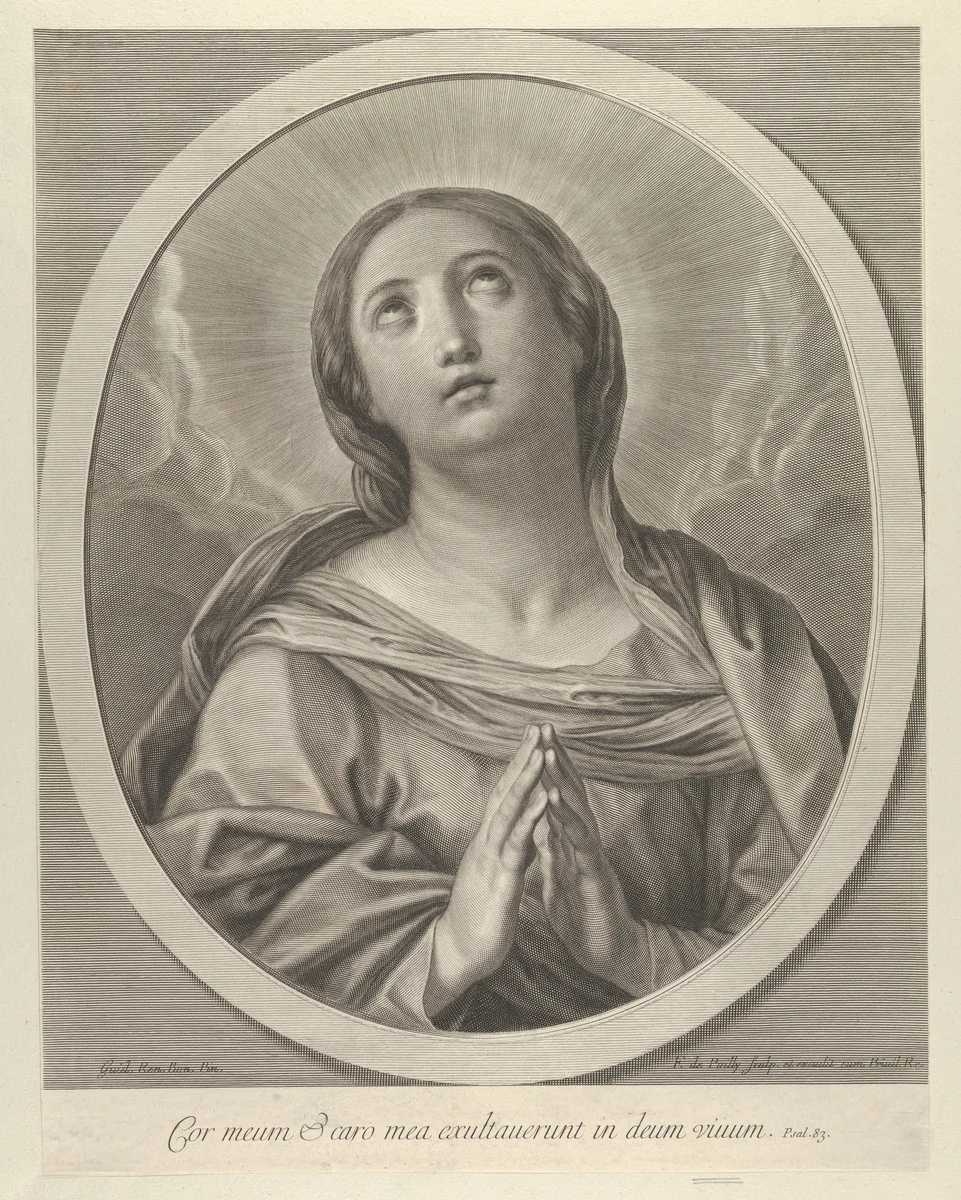 The Virgin in prayer, looking up with clouds behind her, in an oval frame, after Reni by Francois de Poilly, print, 1648-1681
