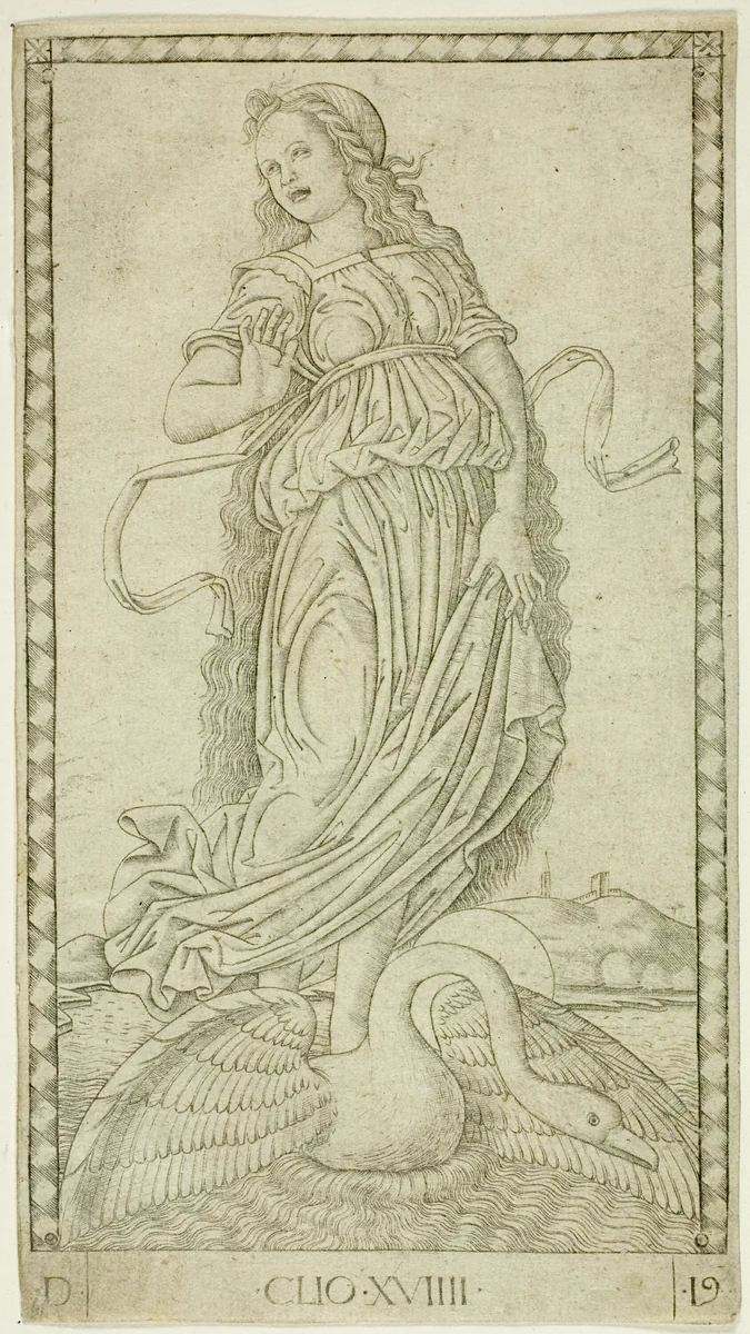 Clio, plate nineteen from Apollo and the Muses by Master of the E-Series Tarocchi, print, 1460-1470