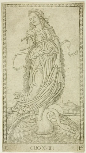 Clio, plate nineteen from Apollo and the Muses by Master of the E-Series Tarocchi, print, 1460-1470