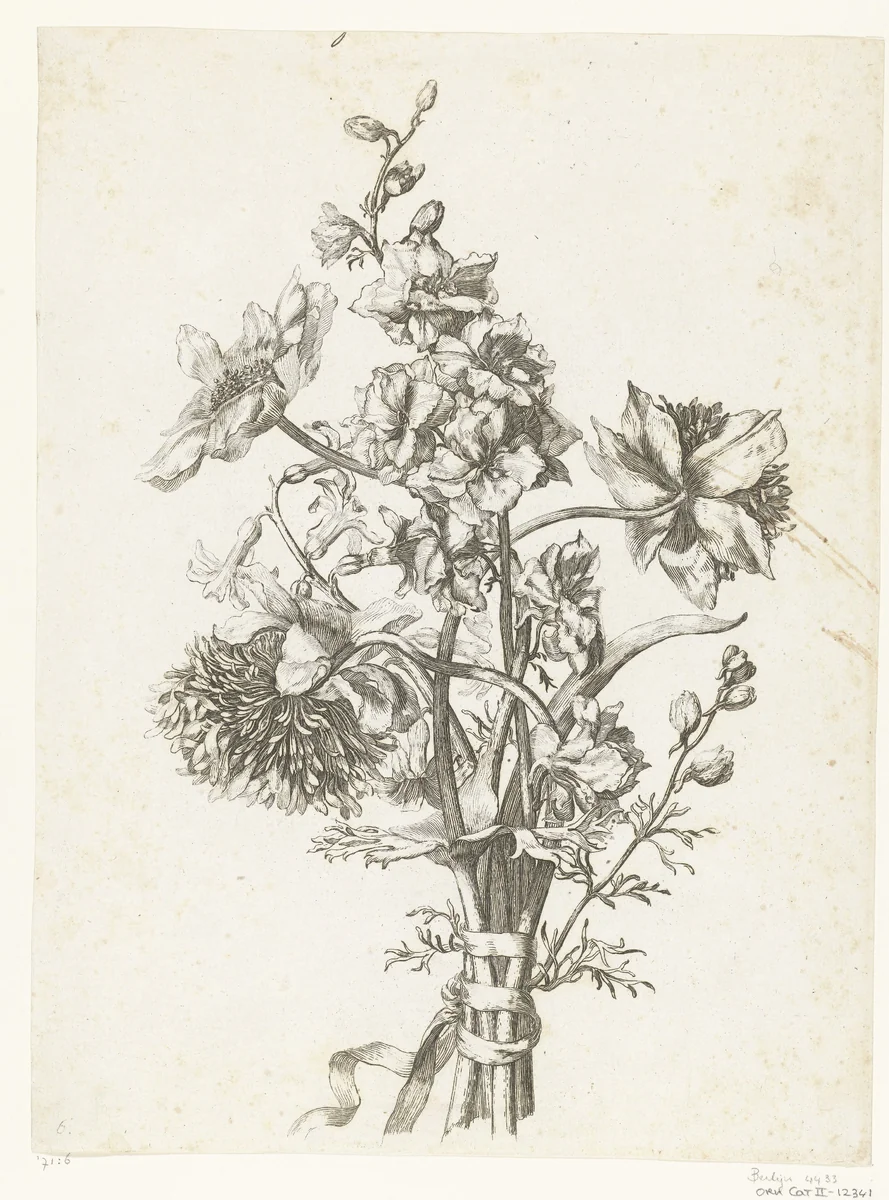 Boeket met anemonen, een hyacint en riddersporen by Jacques Bailly, print, 1670