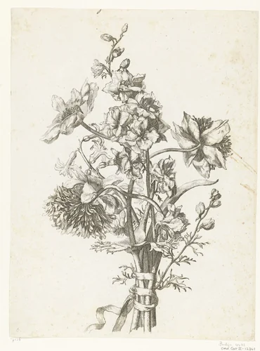Boeket met anemonen, een hyacint en riddersporen by Jacques Bailly, print, 1670