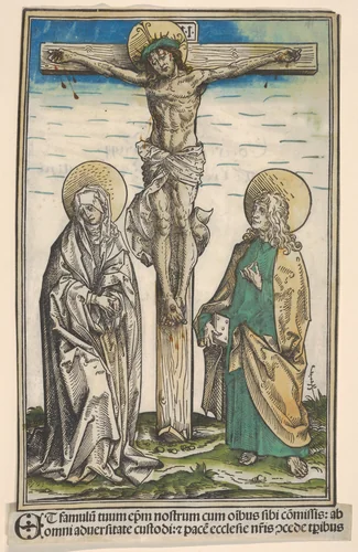 Christ on the Cross with the Virgin and Saint John, from the Passau Missal (Missale Pataviense) by Hans Burgkmair, print, 1505