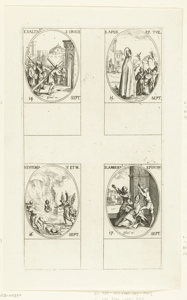 Kruisdraging (Kruisverheffing), Heilige Aprus van Toul, Heilige Euphemia van Chalcedon, Heilige Lambertus van Maastricht (14-17 september) by Jacques Callot, print, 1632-1636