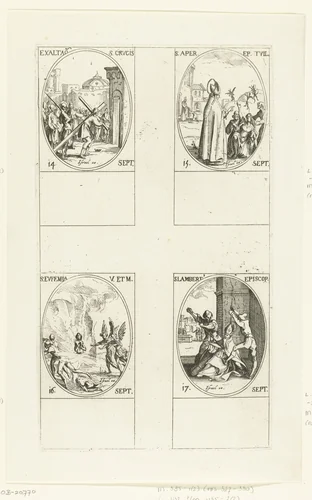 Kruisdraging (Kruisverheffing), Heilige Aprus van Toul, Heilige Euphemia van Chalcedon, Heilige Lambertus van Maastricht (14-17 september) by Jacques Callot, print, 1632-1636