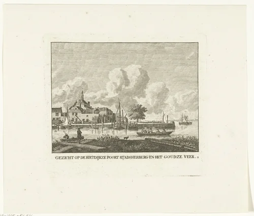 Gezicht op achterzijde Riedijkspoort met stadsherberg en het veer naar Gouda te Dordrecht by Carel Frederik Bendorp, print, 1803