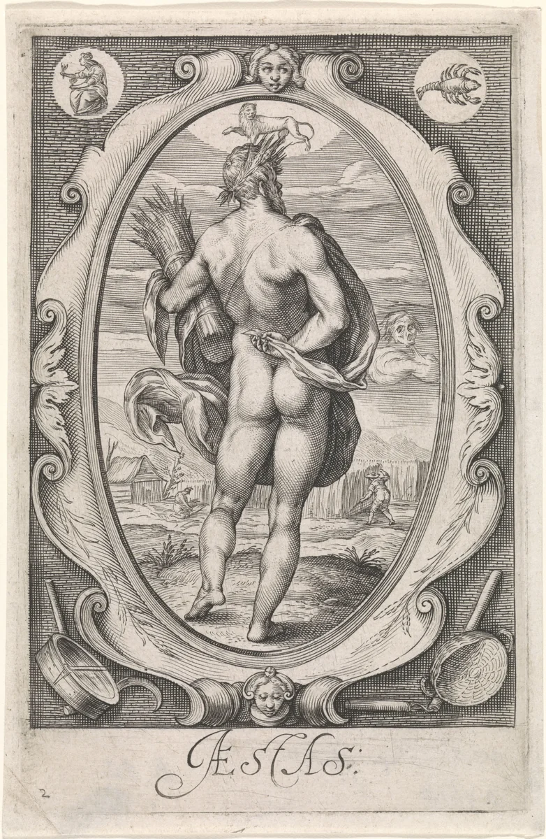Personificatie van de zomer (aestas) by Jacob Matham, print, 1588-1602