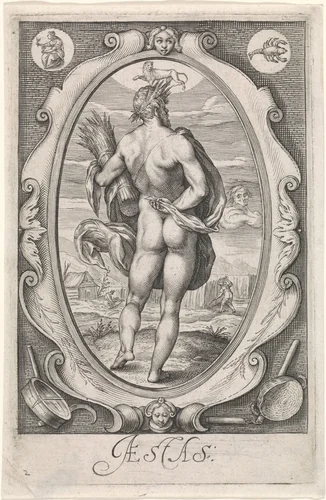 Personificatie van de zomer (aestas) by Jacob Matham, print, 1588-1602